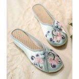 Women Green Embroideried Button Cotton Fabric Slide Sandals